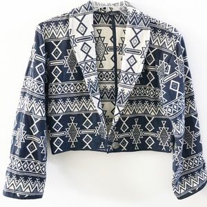 Western L crop blazer jacket Blue and White pattern Metal button Woven